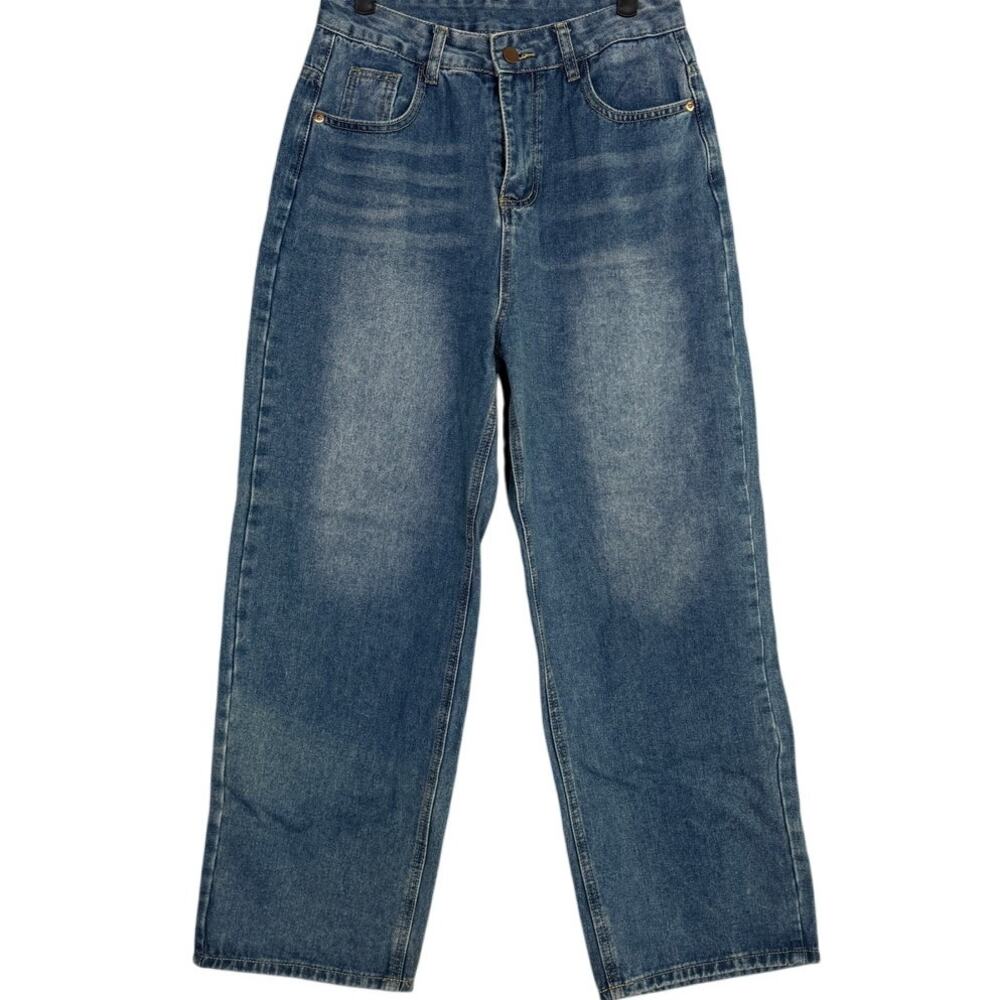 Evis Vintage Straight Wide Leg Mid Rise Full Length Casual Denim Jean Zip 8 Blue